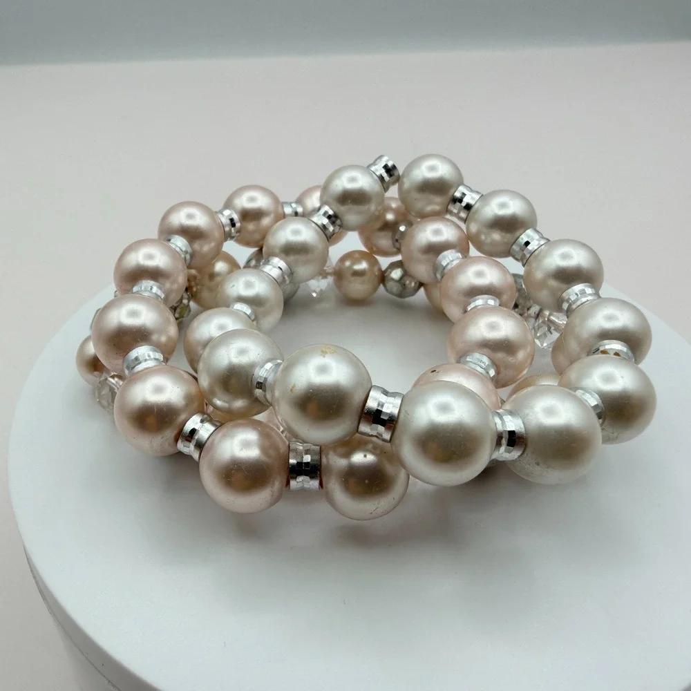 Vintage Y2K Silver Tone Faux Pearl Stretch Beaded Bracelet‎ Women's Jewelry